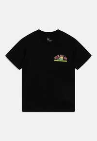 Čierne bavlnené tričko s farebnou grafickou potlačou na prsiach, na ktorej je nápis "HOOK YOU UP" s ilustráciami rýb a taco.