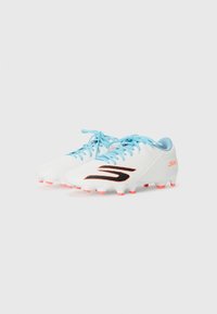 White soccer cleats with a textured finish, featuring a black logo and light blue laces. Accented with pink studs on the sole.