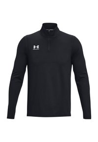 Svart långärmad pullover med halvlång dragkedja och krage, tillverkad av ett mjukt tyg, med en vit Under Armour-logotyp på övre vänstra sidan.
