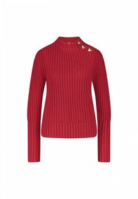 Roter Strickpullover mit hohem Kragen, langen Ärmeln, gerippter Textur und dekorativen goldenen Knöpfen an der Schulter.