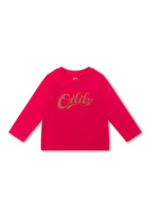 Langsleeve roze katoenen t-shirt met een kleurrijk geruit "Oilily" logo op de borst. Zachte textuur met een klassieke ronde halslijn.