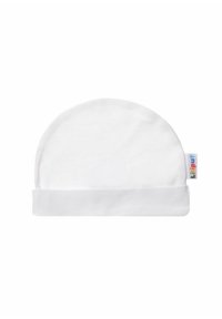 White cotton beanie with a rounded top and a folded cuff. Features a colorful label on the side. Soft texture, simple design.