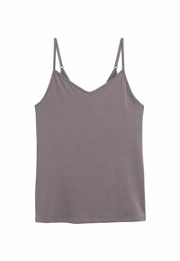 Un haut sans manches de couleur gris clair, fabriqué en tissu doux, avec un décolleté en V et des bretelles fines et ajustables, doté d'un ourlet droit et sans motifs.