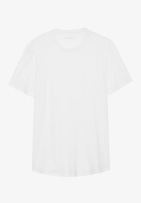 Camiseta blanca de algodón suave, con un clásico escote redondo y mangas cortas. Diseño simple y sólido sin patrones ni acentos.