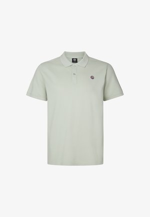 Polo de culoare verde deschis, confecționat din bumbac neted, cu guler și placket cu trei butoane, având un mic logo rotund pe piept.