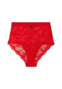 Rotes Spitzen-Hipster-Shorts mit floralen Mustern, transparenter Textur, gewelltem Saum und einem glatten Taillenbund mit einem kleinen Markenetikett.
