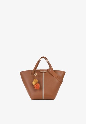 Brown leather Valentino handbag with double handles, detachable branded shoulder strap, and two decorative tassels hanging from a gold ring.