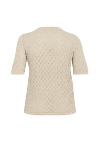 Beige kortemouwen gebreide top met een delicate opengewerkte bladenpatroon, ronde halslijn en geribbelde randen, gezien van de achterkant.