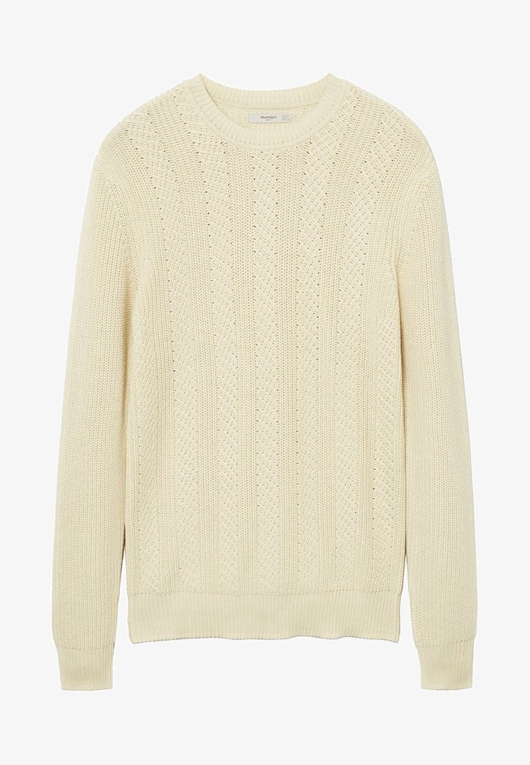 Pull tricoté couleur crème avec col rond, manches longues et motif texturé sur tout le tissu.