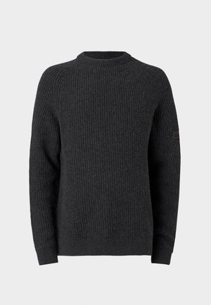 Camisola de malha cinza escuro com textura acanalada, decote redondo e mangas compridas. Apresenta uma pequena etiqueta na manga esquerda.