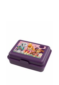 Una lunch box di plastica viola con un coperchio rosa che presenta animali dei cartoon. Il coperchio mostra tre personaggi contro uno sfondo floreale.