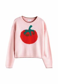 Pulover tricotat roz cu un grafic de ro șie roșie, frunze verzi și accente maro. Dispune de un decolteu rotund și manșete și tiv cu model din jerseu.