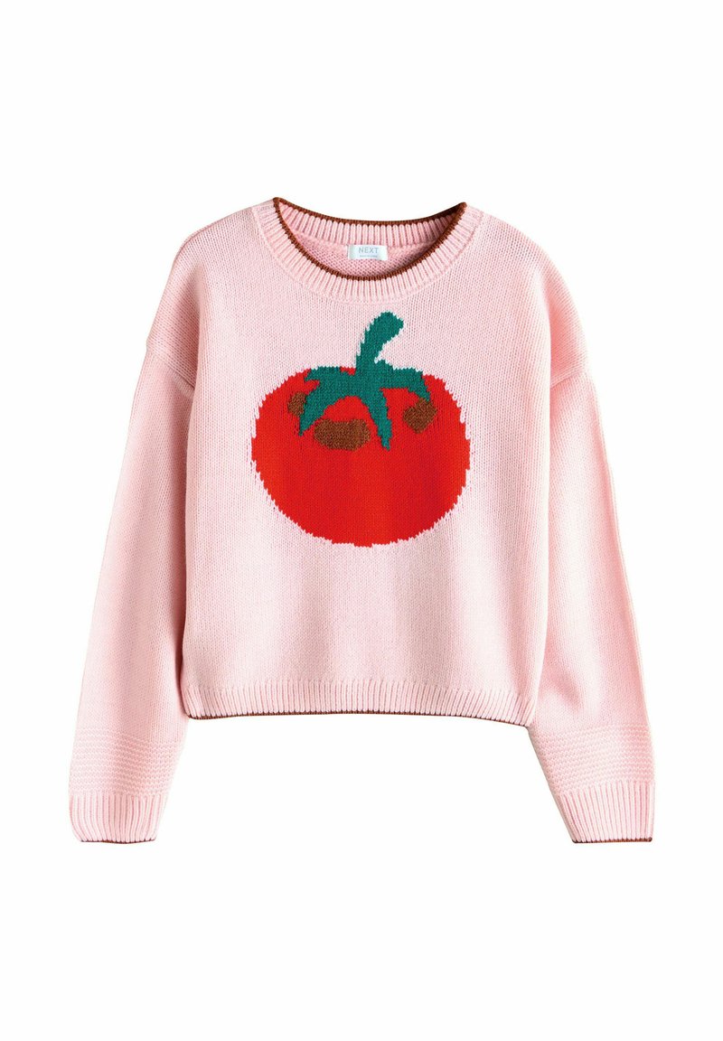 Pulover tricotat roz cu un grafic de roșie roșie, frunze verzi și accente maro. Dispune de un decolteu rotund și manșete și tiv cu model din jerseu.