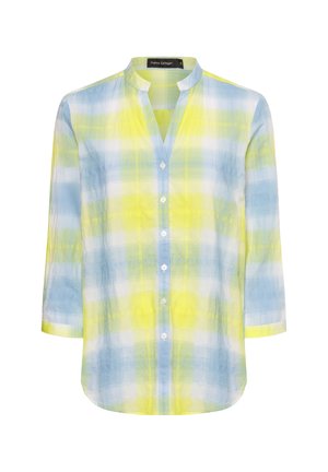 Lekka, w kratę koszula w niebiesko-żółte wzory. Posiada kołnierz mandarynki, zapięcie na guziki, rękawy o długości trzy czwarte oraz lekko zaokrąglony dół.
