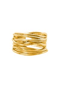 Bague en or avec plusieurs brins torsadés, présentant une texture lisse et une surface réfléchissante. Le design est audacieux et en couches avec des espaces ouverts.