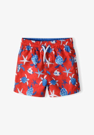 Crvene kupaće hlače s plavim morskim motivima, uključujući kornjače i zvijezde mora. Elastična talija s bijelim vezicom. Lagani materijal.