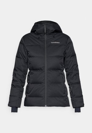 Veste rembourrée noire avec capuche, dotée d'une fermeture éclair frontale et de poignets élastiques. Fabriquée en tissu durable avec une texture lisse.