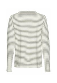 Langærmet skjorte i et lys off-white stof med tynde, vandrette grå striber. Har en rund halsudskæring og en lige kant.