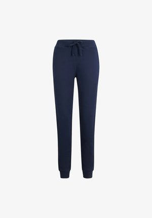 Granatowe spodnie dresowe wykonane z miękkiego materiału, z elastycznym pasem na sznurek, zwężanymi nogawkami oraz ściągaczami na kostkach, które zapewniają dopasowany wygląd.