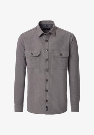 Graues Langarmhemd mit Knopfleiste, zwei Brusttaschen und dunkler Beschläge. Es besteht aus einem weichen, strukturierten Stoff und hat einen klassischen Kragen.