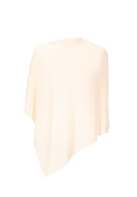 Poncho color beige chiaro realizzato in tessuto morbido e fluente. Caratterizzato da un taglio ampio, forma arrotondata e design senza cuciture, adatto per essere indossato a strati.