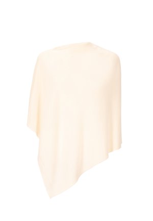 Poncho color beige chiaro realizzato in tessuto morbido e fluente. Caratterizzato da un taglio ampio, forma arrotondata e design senza cuciture, adatto per essere indossato a strati.