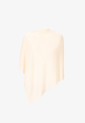 Poncho color beige chiaro realizzato in tessuto morbido e fluente. Caratterizzato da un taglio ampio, forma arrotondata e design senza cuciture, adatto per essere indossato a strati.