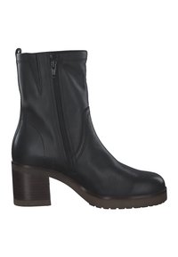 Black leather ankle boot with a side zipper, block heel, smooth texture, and visible stitching details, featuring a slightly rounded toe.