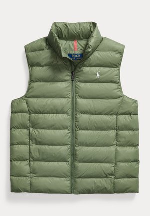 Zielona pikowana kamizelka bez rękawów z wysokim kołnierzem, zamkiem z przodu oraz małym białym logo Polo Ralph Lauren na lewej piersi.