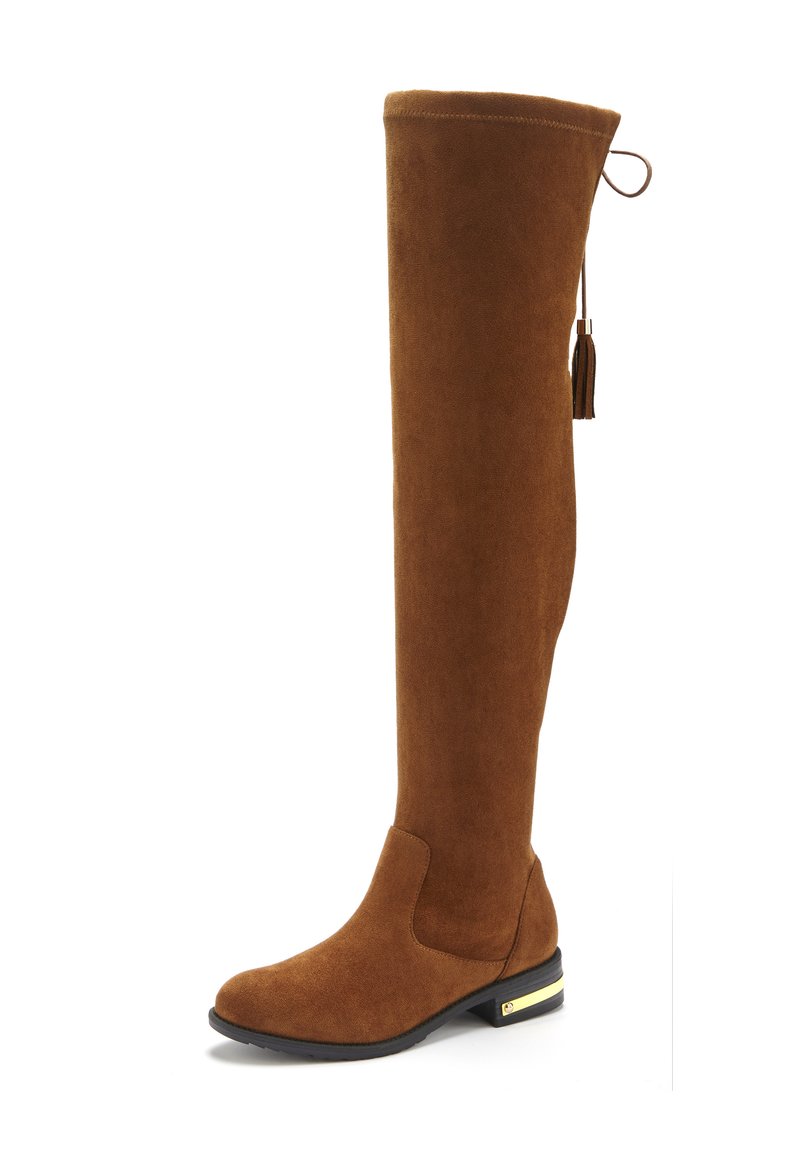 Braune Wildleder-Stiefel bis zum Oberschenkel mit einem leichten Absatz, runder Zehenform, elastischem Seitenpanel und einer Quastenakzent an der Rückseite.