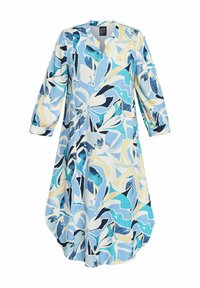 Blumendruckkleid in einer Farbpalette aus Blau, Gelb und Weiß. Hat dreiviertel lange Ärmel und einen runden Ausschnitt. Leichter Stoff.