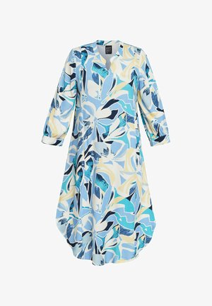Floral print dress with a blue, yellow, and white color palette. Features three-quarter sleeves and a round neckline. Lightweight fabric.