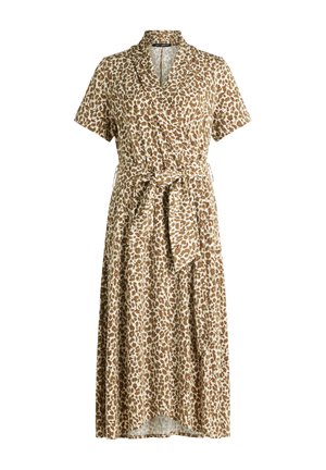 Robe midi à manches courtes beige et marron à imprimé léopard, avec col et ceinture à nouer à la taille.
