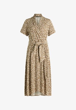 Robe midi à manches courtes beige et marron à imprimé léopard, avec col et ceinture à nouer à la taille.