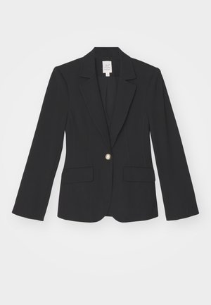 Sort blazer lavet af glat stof med en struktureret design. Har en udsat krave, to forlommer og en lukning med guldknapper.