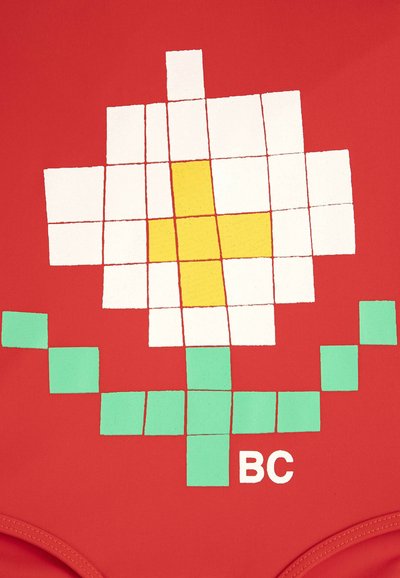 Fond rouge avec un design floral pixélisé composé de carrés blancs et jaunes, une tige et des feuilles vertes, et les lettres blanches "BC" en bas.