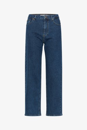 Džíny s vysokým pasem a širokými nohavicemi vyrobené z tmavě modrého denimu. Mají klasický design s pěti kapsami a kontrastní šití podél švů.