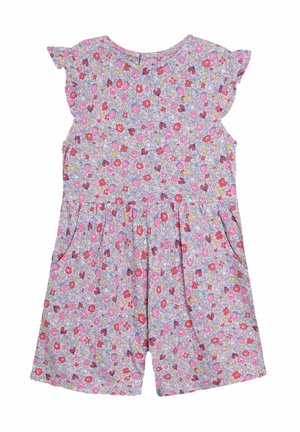 Mono floral hecho de una tela ligera, con patrones en rosa, rojo y verde, mangas con volantes, un escote redondo y bolsillos laterales.