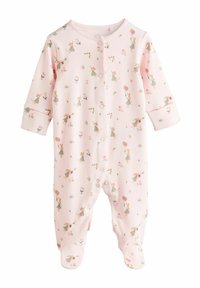 Pajama onesie made of soft pink cotton featuring a floral and fairy print, long sleeves, footed design, and snap button closure.