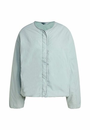 Light blue puffer jacket with a round neckline, front button closure, and wide sleeves. Smooth texture and cropped design.
