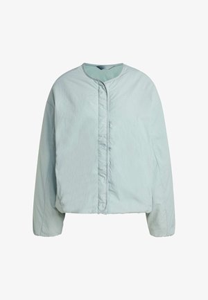 Light blue puffer jacket with a round neckline, front button closure, and wide sleeves. Smooth texture and cropped design.