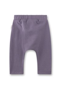 Weiche lila Babyhosen mit elastischem Bund und niedrigem Schritt, aus einem gemütlichen Strickstoff gefertigt.