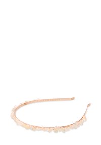 Opaska na głowę w kolorze różowego złota, zdobiona nieregularnie ułożonymi, bladoróżowymi kryształami na froncie, o gładkim, eleganckim metalowym wykończeniu.
