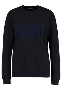 Svart sweatshirt i bomull med en texturerad blå logo "BOSS ORANGE" framtill. Rund hals, långa ärmar och ribbade manschetter.