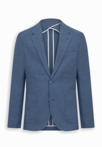 Blazer da uomo blu monopetto con revers a incavo, due bottoni, tasche applicate frontali e fodera interna a righe.