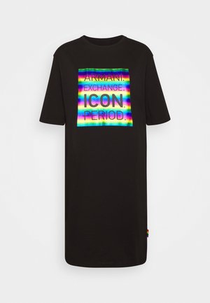 Black t-shirt with short sleeves, featuring a multicolored holographic graphic reading "ARMANI. EXCHANGE. ICON. PERIOD." on the front.