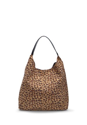 Hobo-Tasche mit Leopardenmuster, weichem Stoffkörper und schwarzem Ledertragegurt. Sie verfügt über eine breite Öffnung und eine lässige Form.