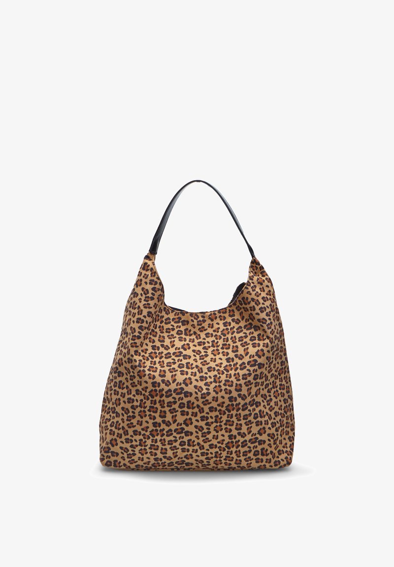 Hobo-Tasche mit Leopardenmuster, weichem Stoffkörper und schwarzem Ledertragegurt. Sie verfügt über eine breite Öffnung und eine lässige Form.