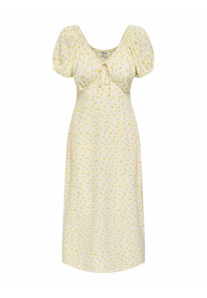 Vestido midi crema con mangas abullonadas, pequeño estampado floral amarillo, busto fruncido y detalle de lazo en el escote.