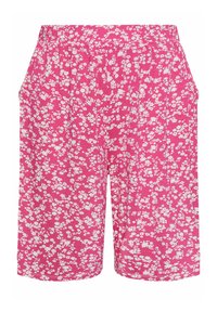 Pink shorts featuring a floral pattern with white flowers, crafted from a soft fabric. Elastic waistband and side pockets included.
